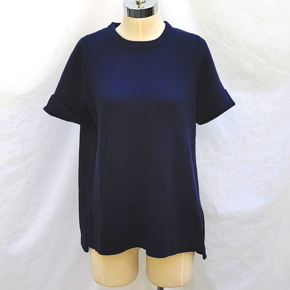 Ladies short sleeve knit sweater, Southern Proper, sz M, open back, cuffed sleev
